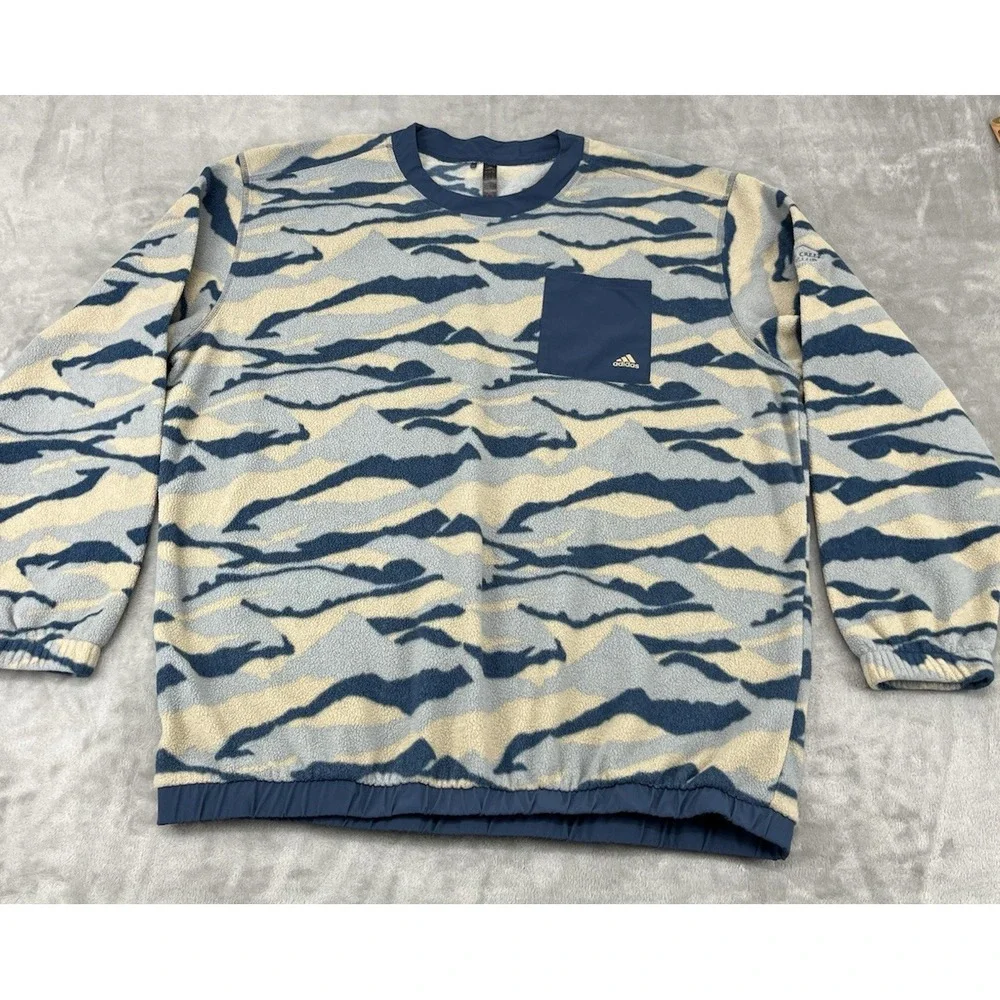 Adidas Camo Fleece Sweatshirt Men XL Blue Crew Neck Stretch Long Sleeve Pullover
